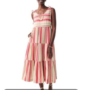 Faherty Lanai Cotton Linen Blend Striped Maxi Dress Shoulder Tie Tiered Long‎ M